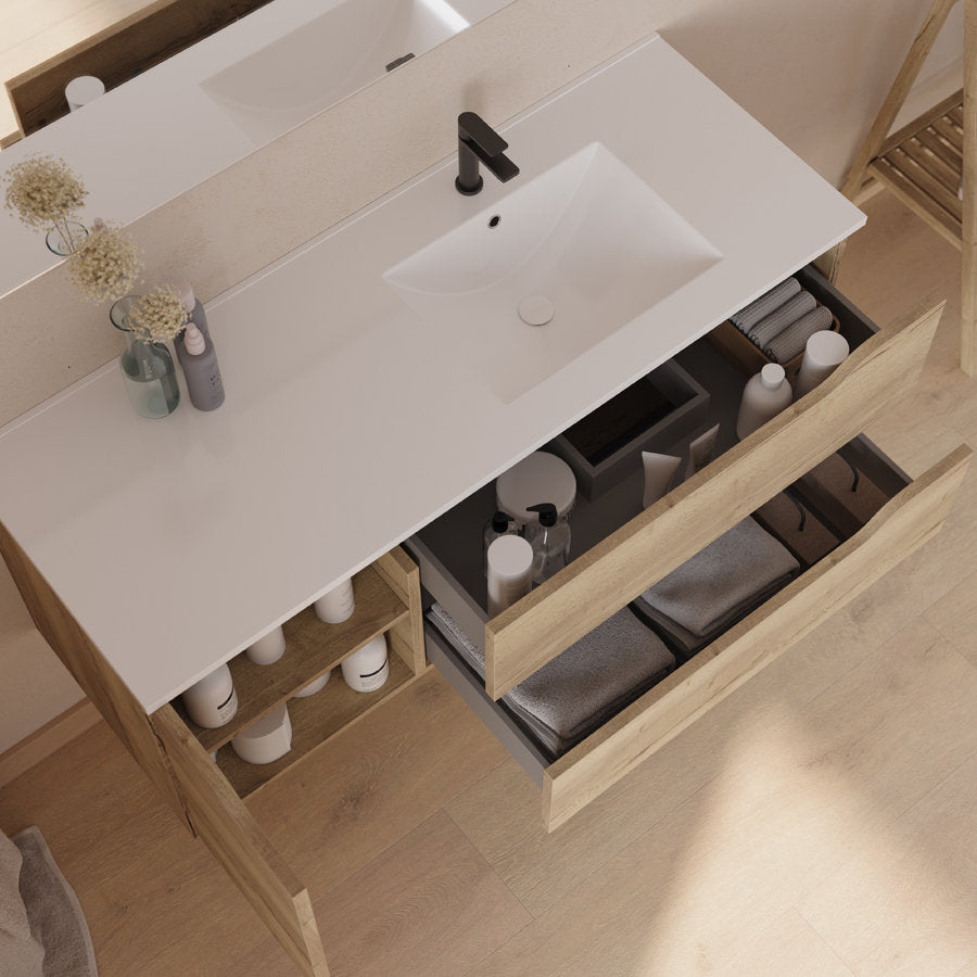 Meuble de salle de bain 120cm avec vasque déportée à droite et miroir - 2 tiroirs et un placard - ZARZA