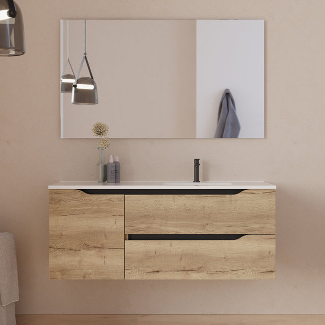 Meuble de salle de bain 120cm avec vasque déportée à droite et miroir - 2 tiroirs et un placard - ZARZA