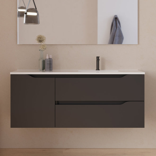 Meuble de salle de bain 120cm avec vasque déportée à droite - sans miroir - 2 tiroirs et un placard - ZARZA