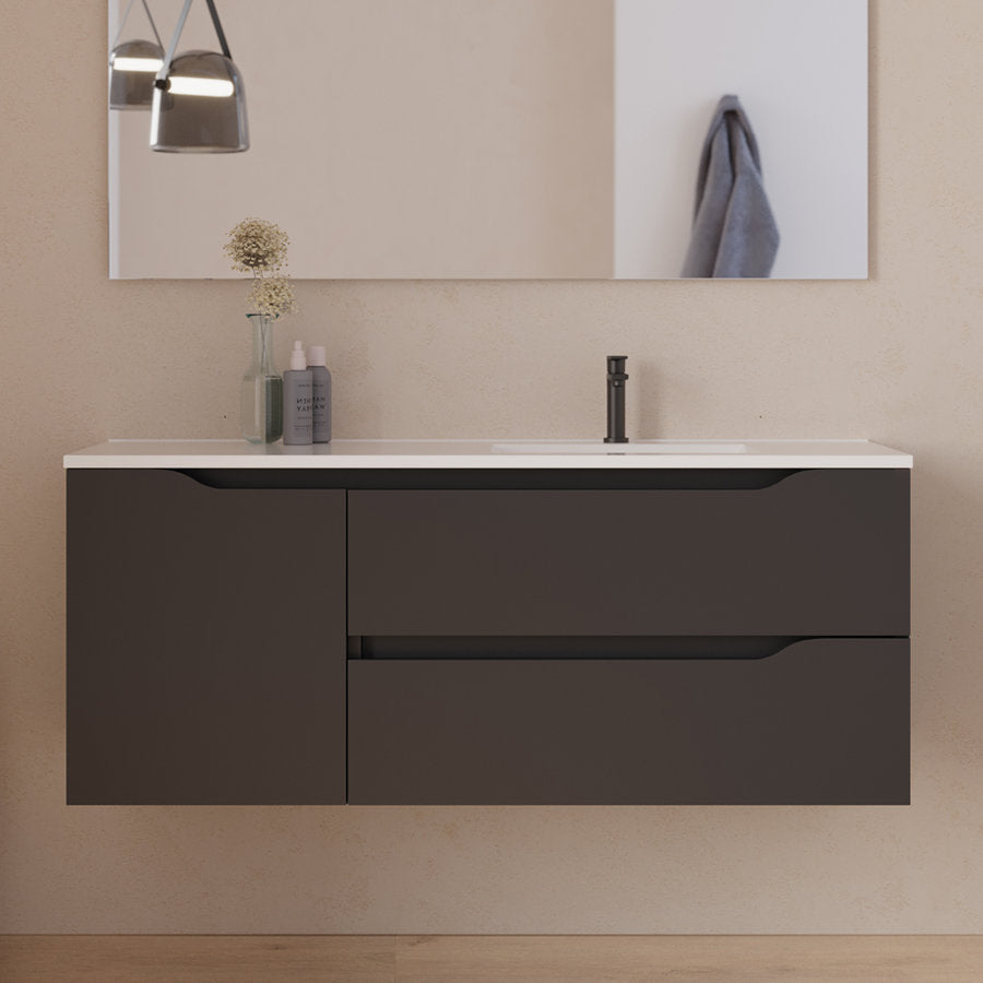 Meuble de salle de bain 120cm avec vasque déportée à droite et miroir - 2 tiroirs et un placard - ZARZA