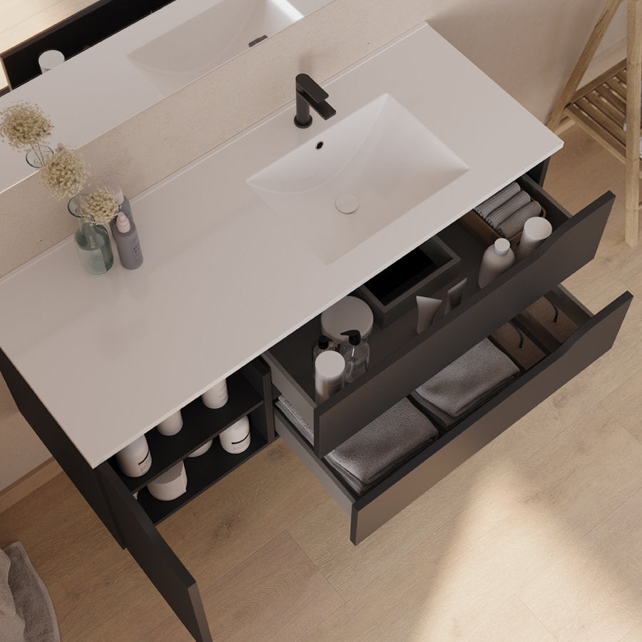 Meuble de salle de bain 120cm avec vasque déportée à droite et miroir - 2 tiroirs et un placard - ZARZA