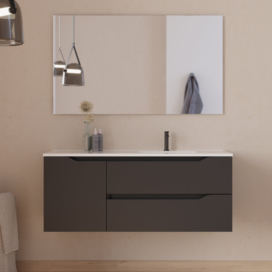 Meuble de salle de bain 120cm avec vasque déportée à droite et miroir - 2 tiroirs et un placard - ZARZA