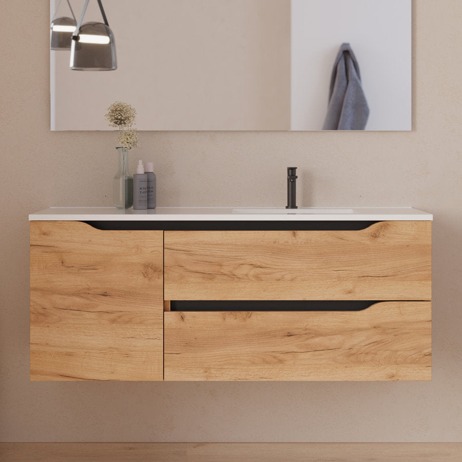 Meuble de salle de bain 120cm avec vasque déportée à droite et miroir - 2 tiroirs et un placard - ZARZA