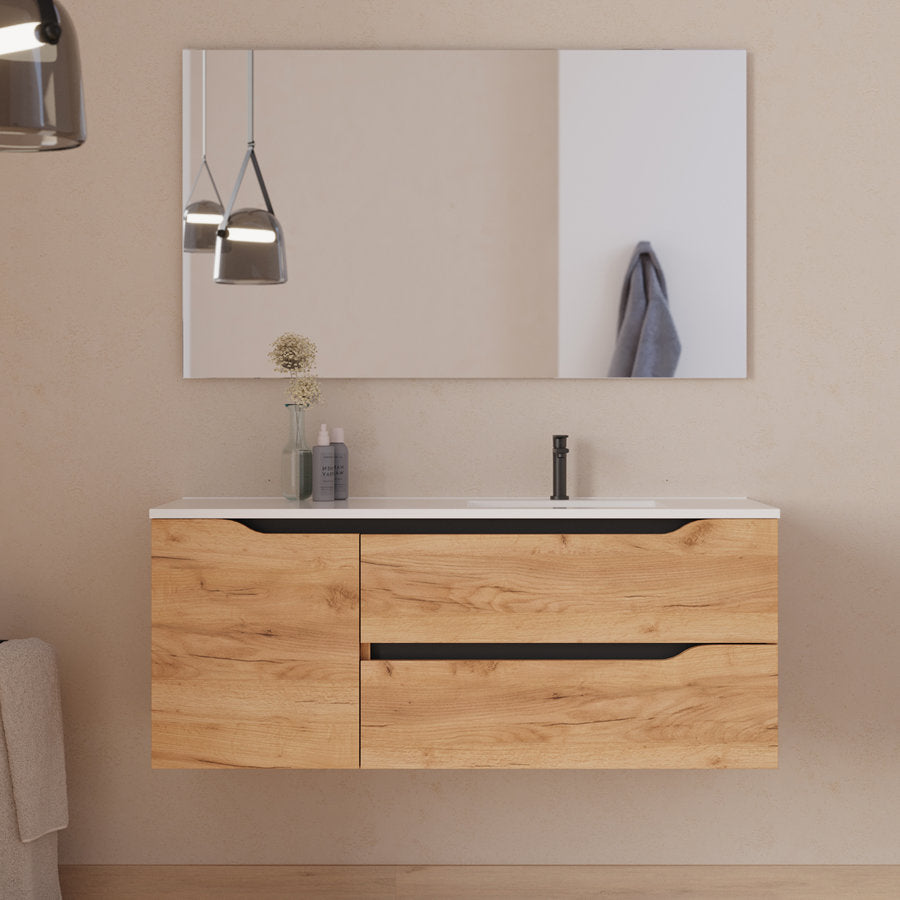 Meuble de salle de bain 120cm avec vasque déportée à droite et miroir - 2 tiroirs et un placard - ZARZA