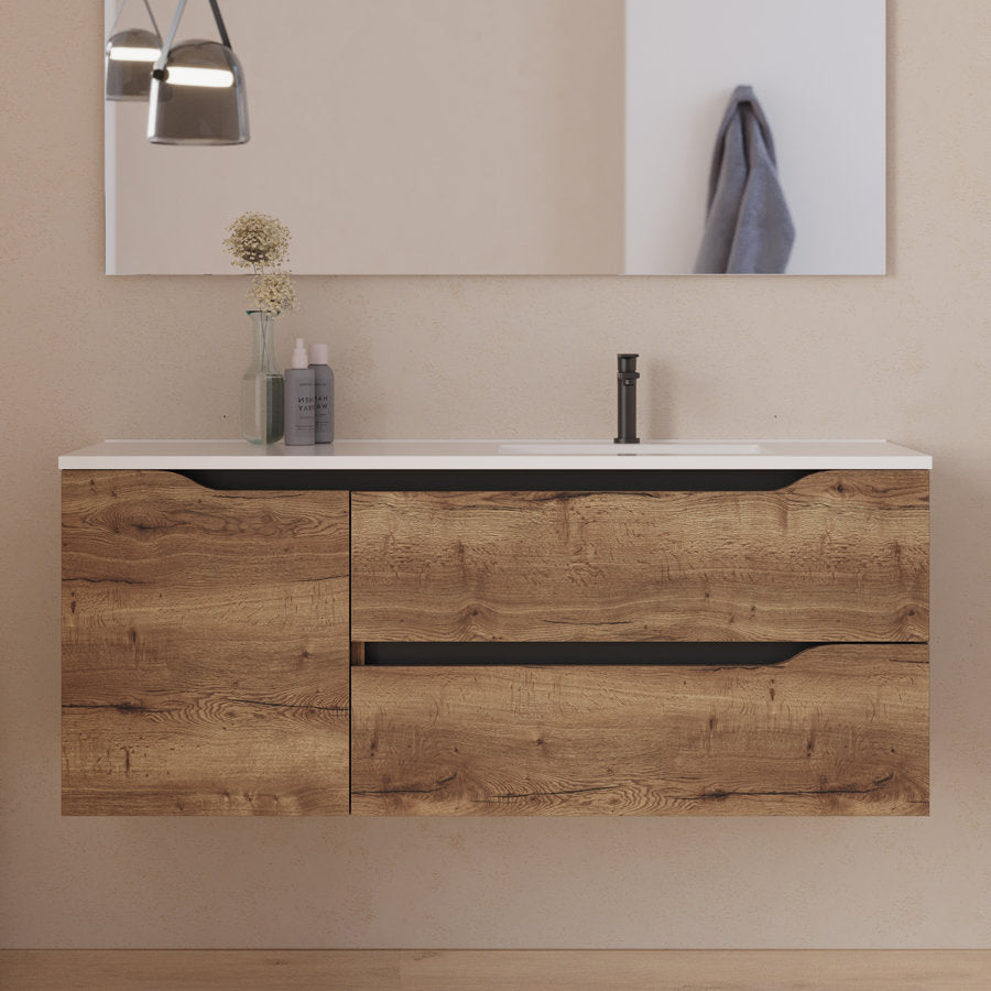 Meuble de salle de bain 120cm avec vasque déportée à droite et miroir - 2 tiroirs et un placard - ZARZA
