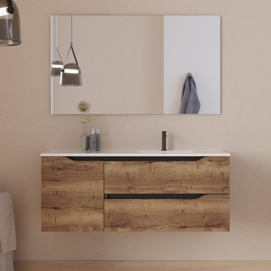 Meuble de salle de bain 120cm avec vasque déportée à droite et miroir - 2 tiroirs et un placard - ZARZA