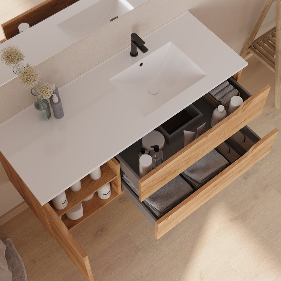 Meuble de salle de bain 120cm avec vasque déportée à droite et miroir - 2 tiroirs et un placard - ZARZA