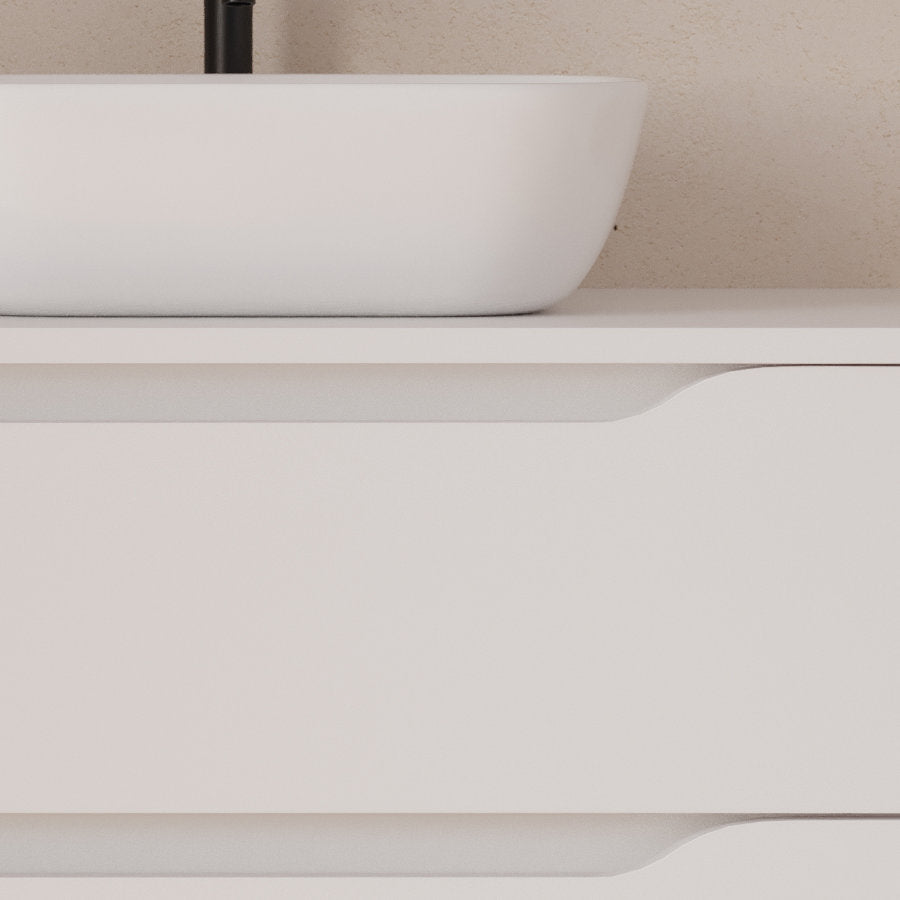 Meuble de salle de bain 120cm avec plateau, vasque à poser déportée à droite Zeus et miroir - 2 tiroirs et un placard - ZARZA
