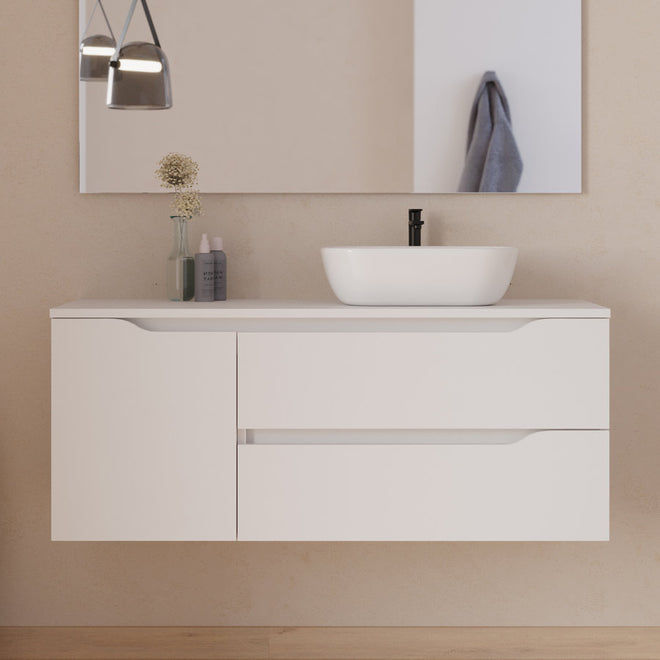 Meuble de salle de bain 120cm avec plateau et vasque à poser déportée à droite Zeus - sans miroir - 2 tiroirs et un placard - ZARZA