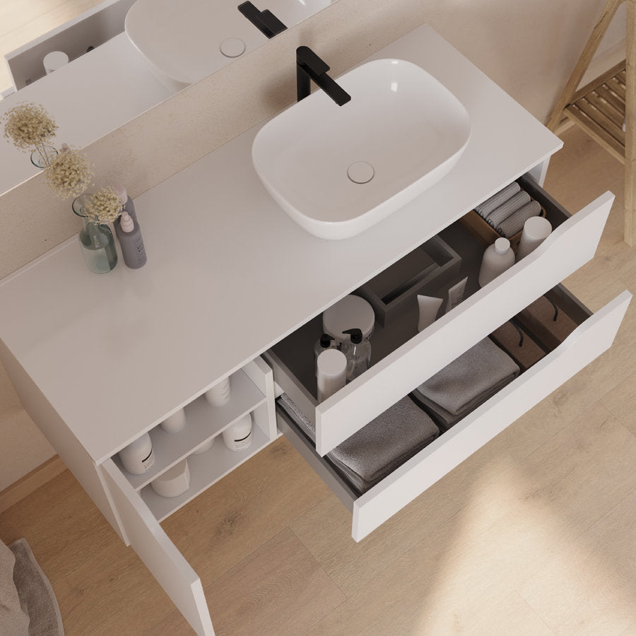 Meuble de salle de bain 120cm avec plateau, vasque à poser déportée à droite Zeus et miroir - 2 tiroirs et un placard - ZARZA