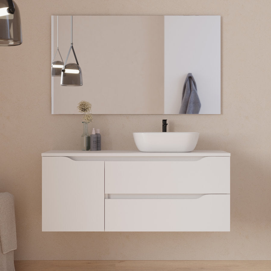 Meuble de salle de bain 120cm avec plateau et vasque à poser déportée à droite Zeus - sans miroir - 2 tiroirs et un placard - ZARZA
