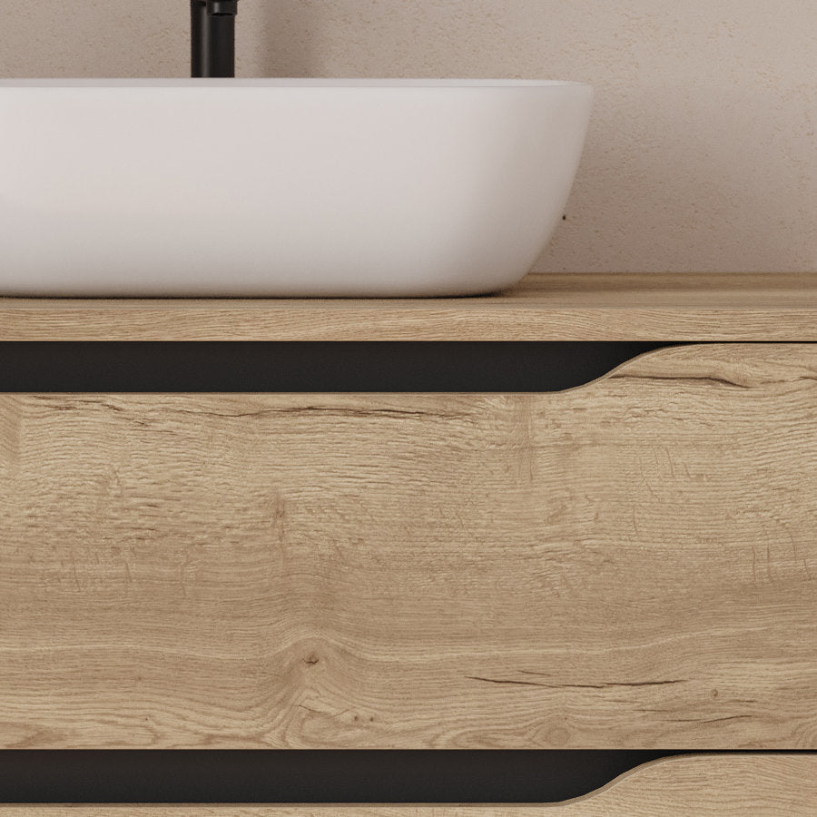 Meuble de salle de bain 120cm avec plateau, vasque à poser déportée à droite Zeus et miroir - 2 tiroirs et un placard - ZARZA