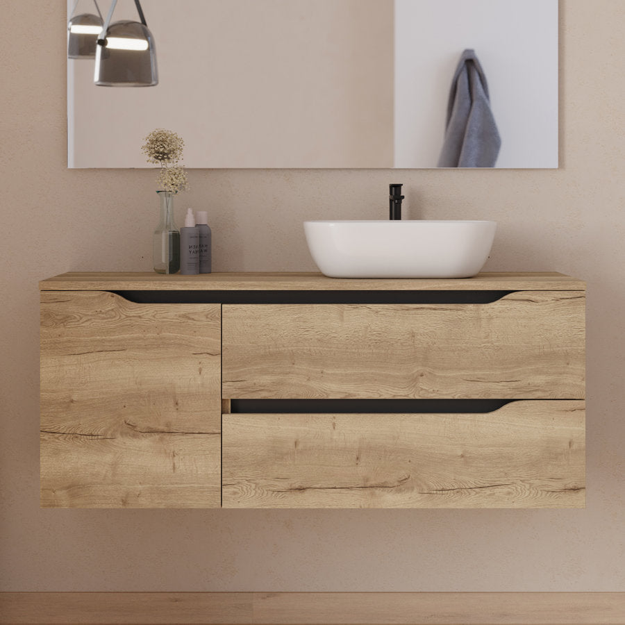 Meuble de salle de bain 120cm avec plateau, vasque à poser déportée à droite Zeus et miroir - 2 tiroirs et un placard - ZARZA
