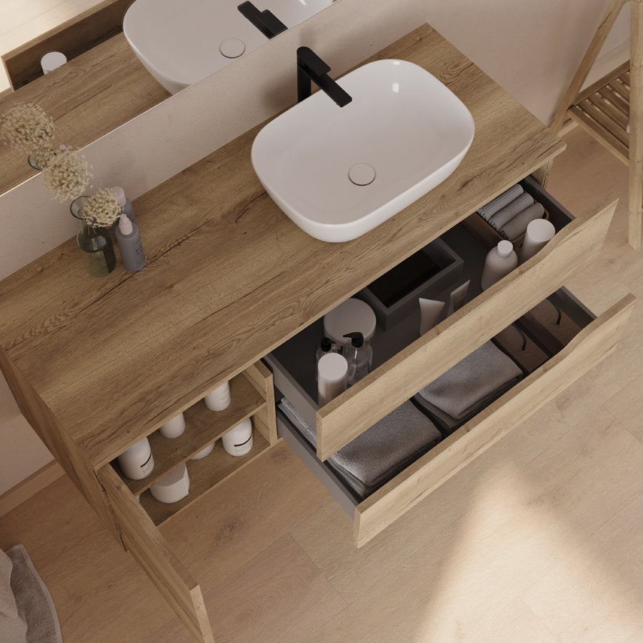 Meuble de salle de bain 120cm avec plateau, vasque à poser déportée à droite Zeus et miroir - 2 tiroirs et un placard - ZARZA