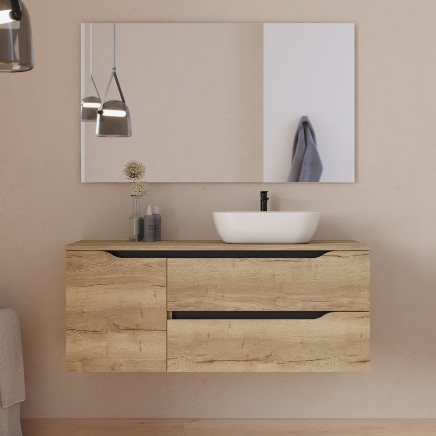 Meuble de salle de bain 120cm avec plateau et vasque à poser déportée à droite Zeus - sans miroir - 2 tiroirs et un placard - ZARZA