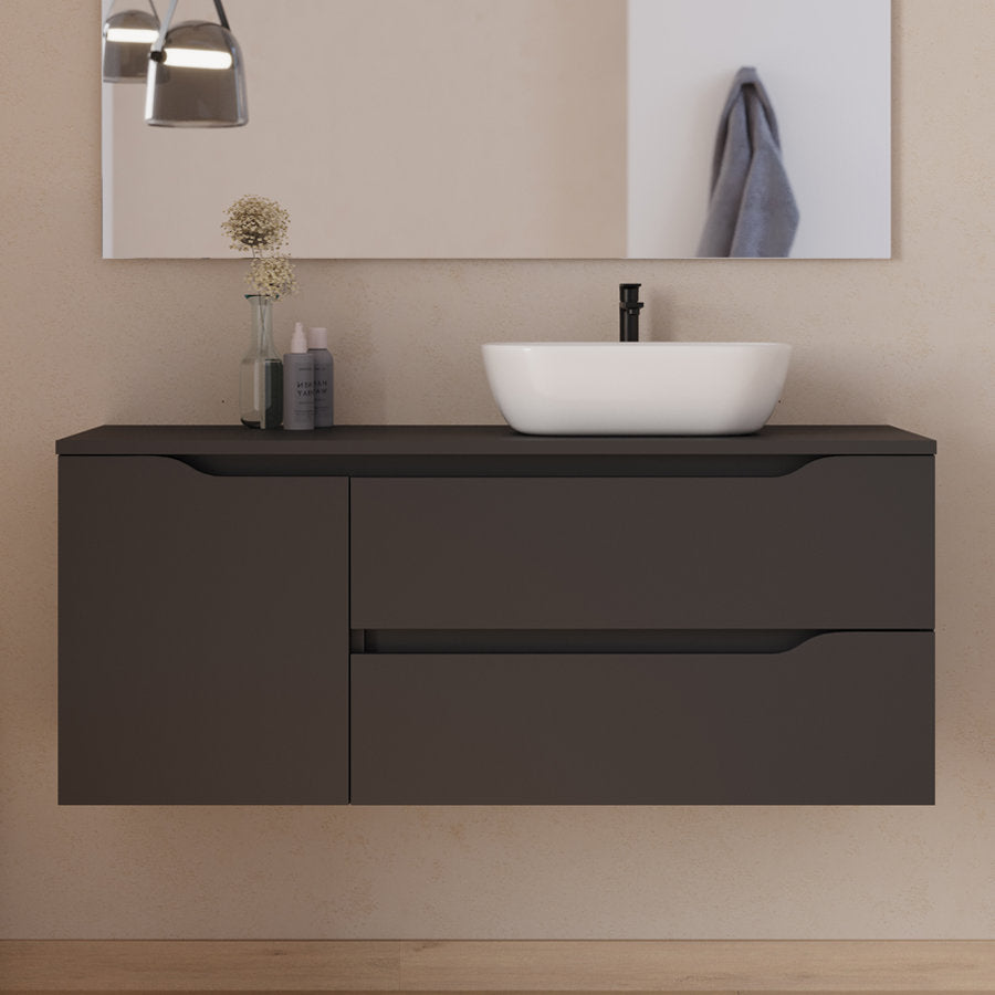 Meuble de salle de bain 120cm avec plateau et vasque à poser déportée à droite Zeus - sans miroir - 2 tiroirs et un placard - ZARZA