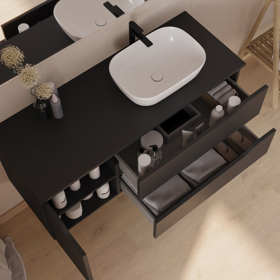 Meuble de salle de bain 120cm avec plateau et vasque à poser déportée à droite Zeus - sans miroir - 2 tiroirs et un placard - ZARZA