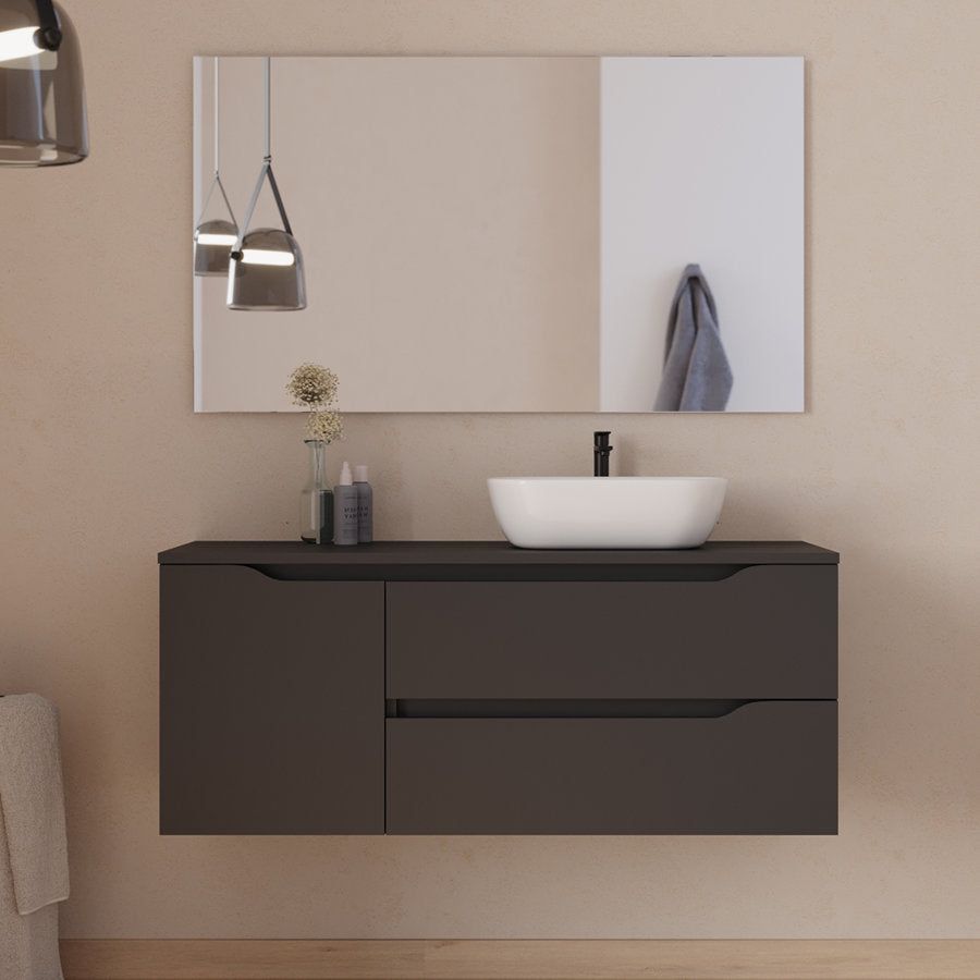 Meuble de salle de bain 120cm avec plateau et vasque à poser déportée à droite Zeus - sans miroir - 2 tiroirs et un placard - ZARZA