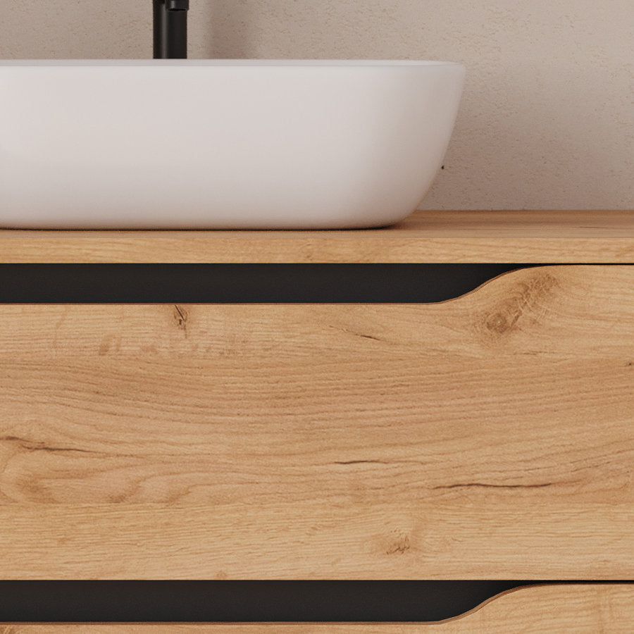 Meuble de salle de bain 120cm avec plateau et vasque à poser déportée à droite Zeus - sans miroir - 2 tiroirs et un placard - ZARZA