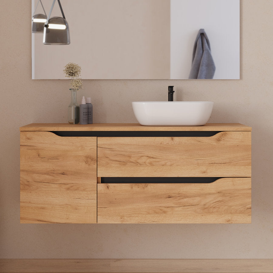 Meuble de salle de bain 120cm avec plateau et vasque à poser déportée à droite Zeus - sans miroir - 2 tiroirs et un placard - ZARZA