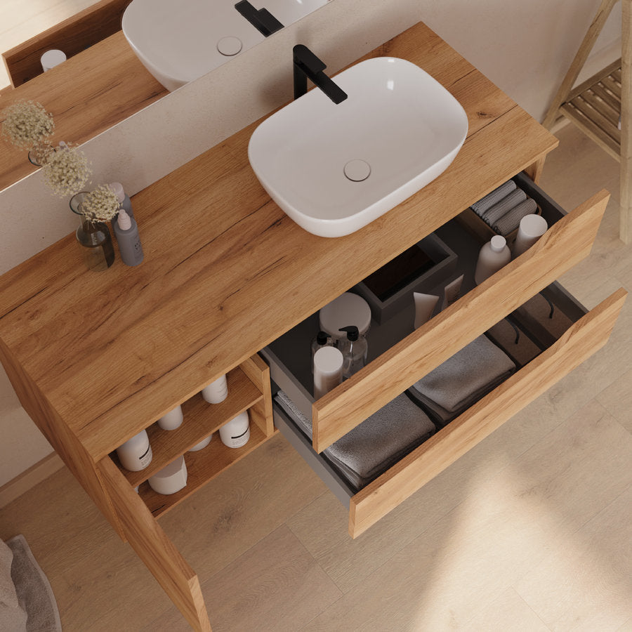 Meuble de salle de bain 120cm avec plateau et vasque à poser déportée à droite Zeus - sans miroir - 2 tiroirs et un placard - ZARZA
