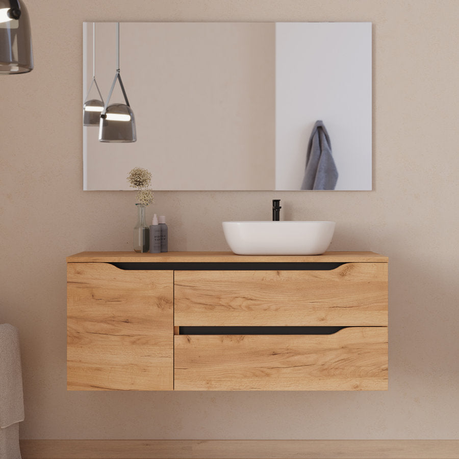 Meuble de salle de bain 120cm avec plateau et vasque à poser déportée à droite Zeus - sans miroir - 2 tiroirs et un placard - ZARZA
