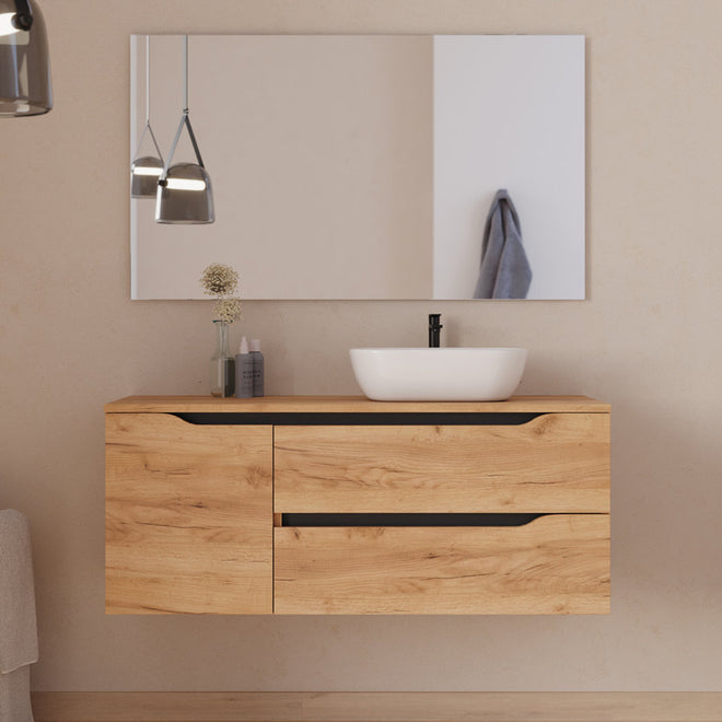 Meuble de salle de bain 120cm avec plateau, vasque à poser déportée à droite Zeus et miroir - 2 tiroirs et un placard - ZARZA