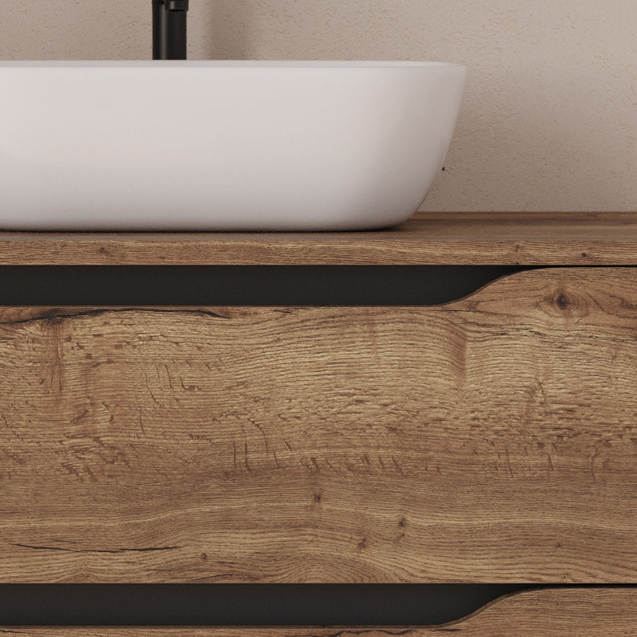 Meuble de salle de bain 120cm avec plateau, vasque à poser déportée à droite Zeus et miroir - 2 tiroirs et un placard - ZARZA