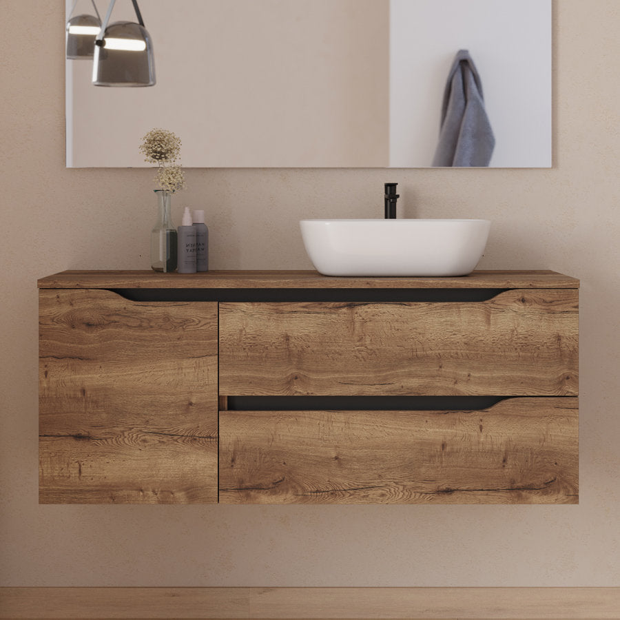 Meuble de salle de bain 120cm avec plateau et vasque à poser déportée à droite Zeus - sans miroir - 2 tiroirs et un placard - ZARZA