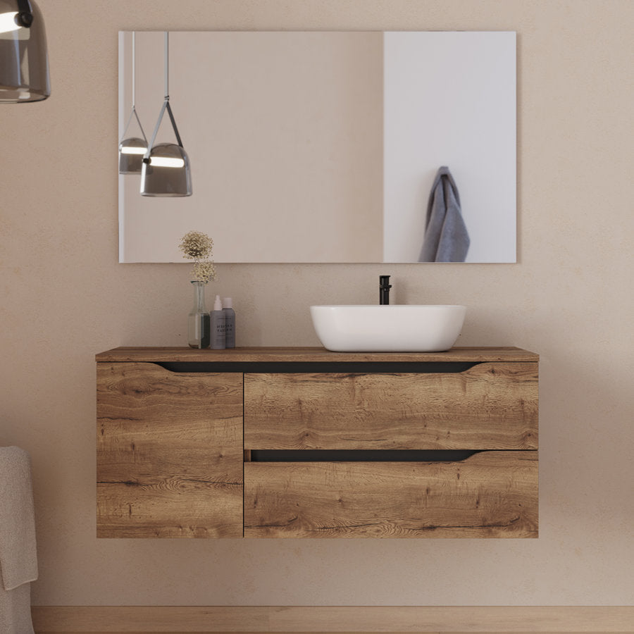 Meuble de salle de bain 120cm avec plateau, vasque à poser déportée à droite Zeus et miroir - 2 tiroirs et un placard - ZARZA