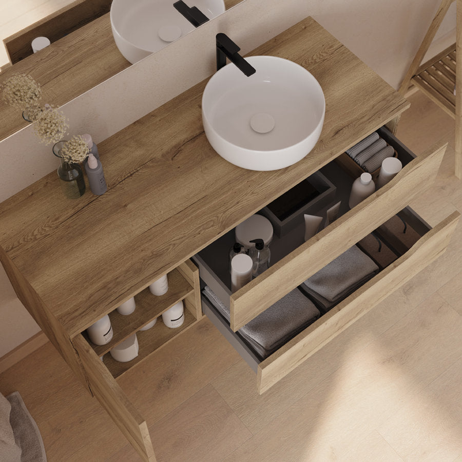 Meuble de salle de bain 120cm avec plateau et vasque à poser déportée à droite Ares - sans miroir - 2 tiroirs et un placard - ZARZA