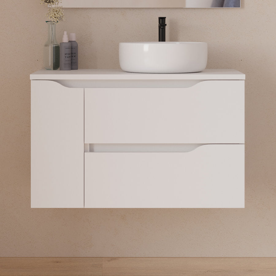 Meuble de salle de bain 80cm avec plateau, vasque à poser déportée à droite Ares et miroir - 2 tiroirs et un placard - ZARZA