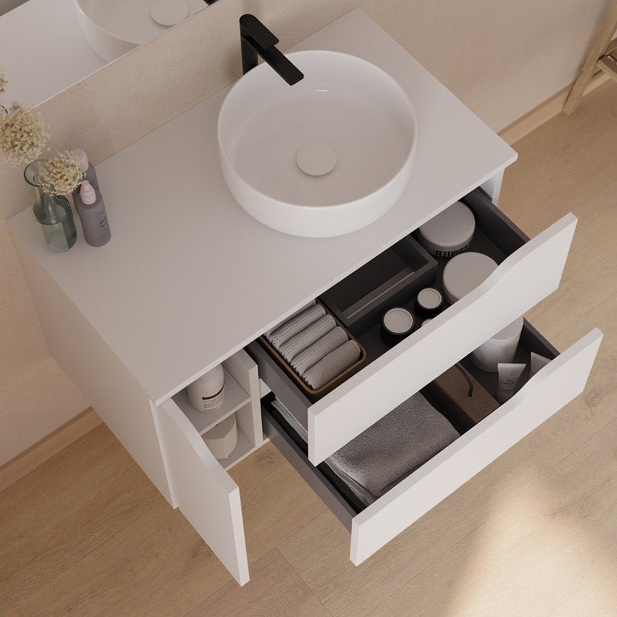 Meuble de salle de bain 80cm avec plateau et vasque à poser déportée à droite Ares - sans miroir - 2 tiroirs et un placard - ZARZA
