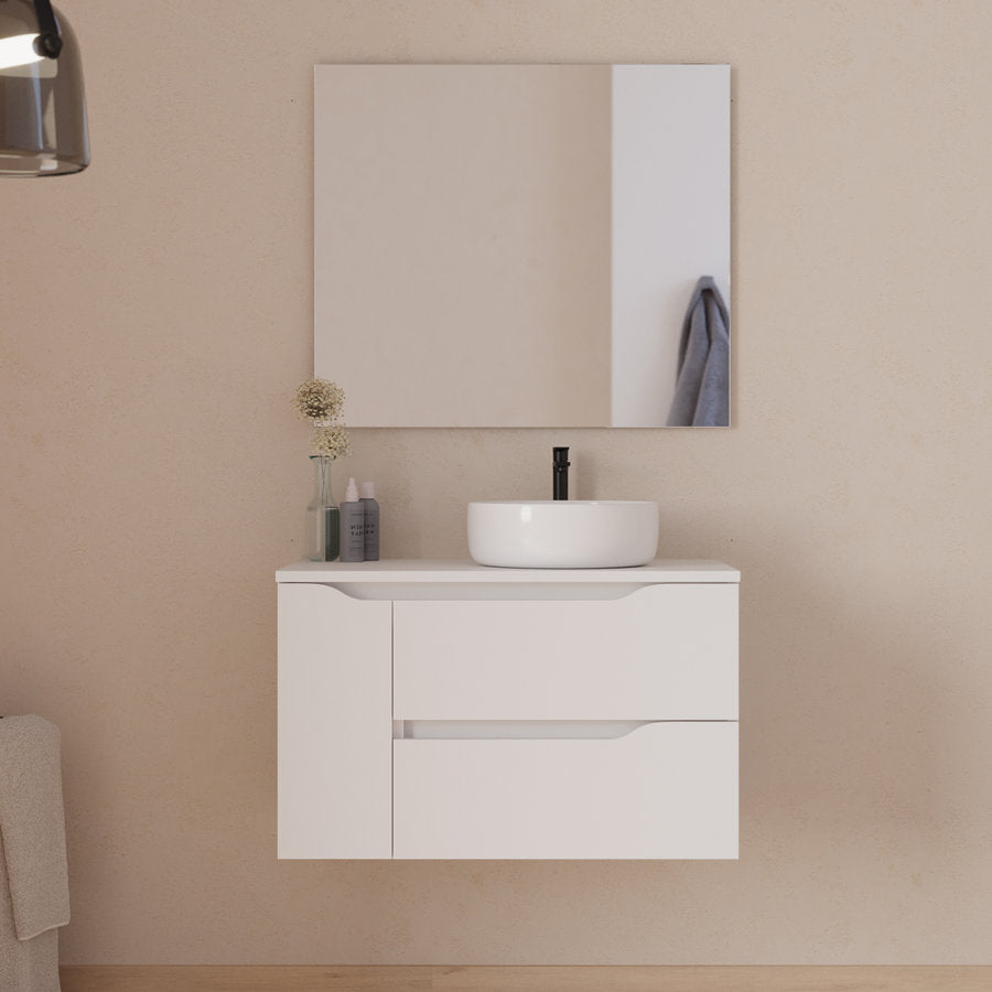 Meuble de salle de bain 80cm avec plateau, vasque à poser déportée à droite Ares et miroir - 2 tiroirs et un placard - ZARZA