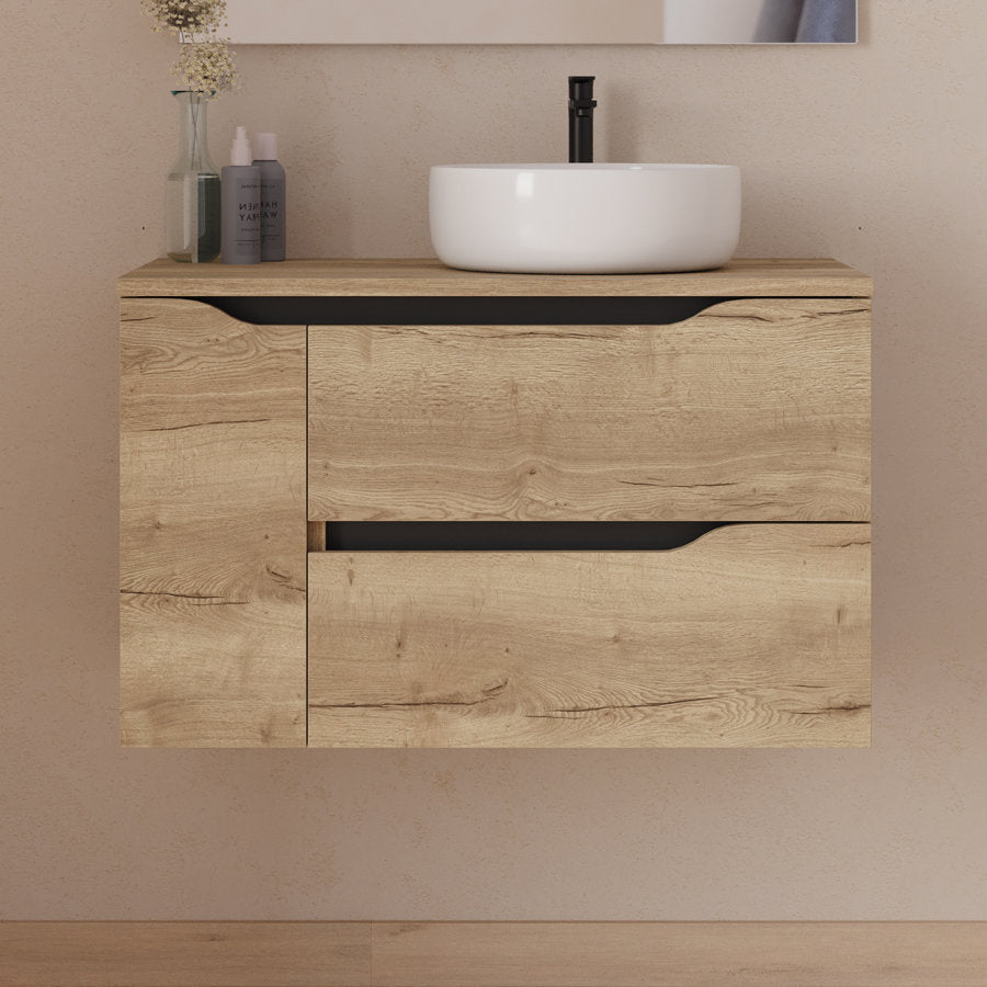 Meuble de salle de bain 80cm avec plateau, vasque à poser déportée à droite Ares et miroir - 2 tiroirs et un placard - ZARZA