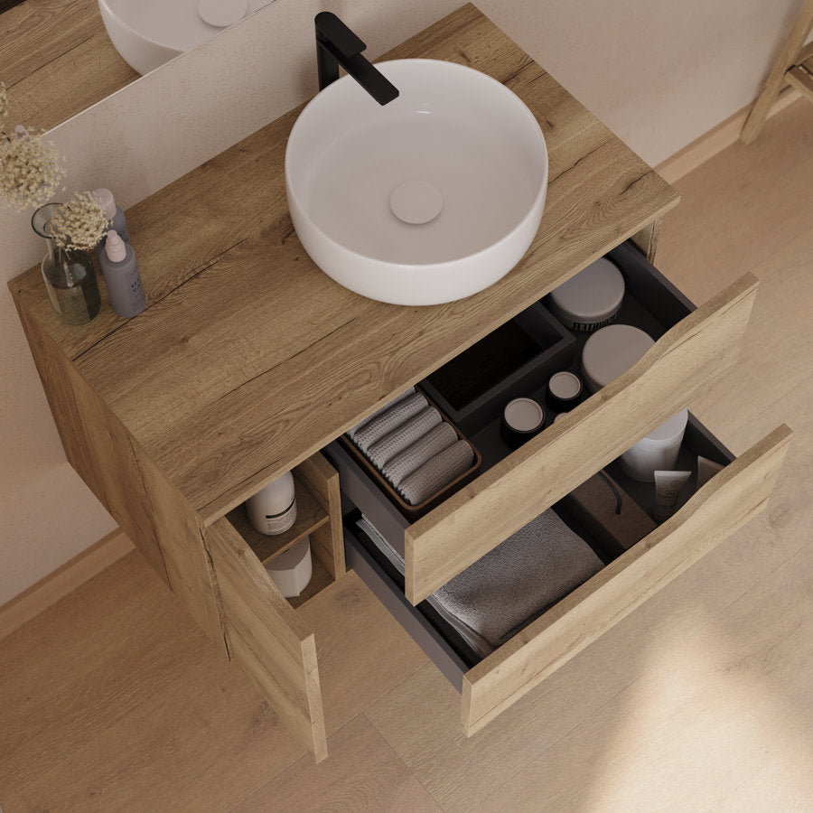Meuble de salle de bain 80cm avec plateau et vasque à poser déportée à droite Ares - sans miroir - 2 tiroirs et un placard - ZARZA