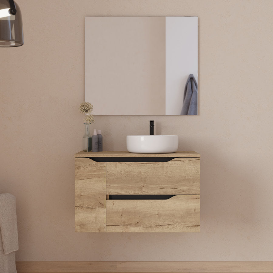 Meuble de salle de bain 80cm avec plateau et vasque à poser déportée à droite Ares - sans miroir - 2 tiroirs et un placard - ZARZA