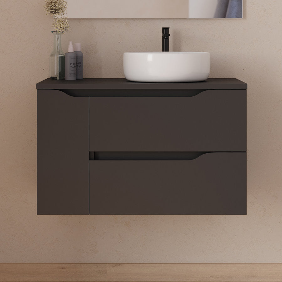 Meuble de salle de bain 80cm avec plateau, vasque à poser déportée à droite Ares et miroir - 2 tiroirs et un placard - ZARZA