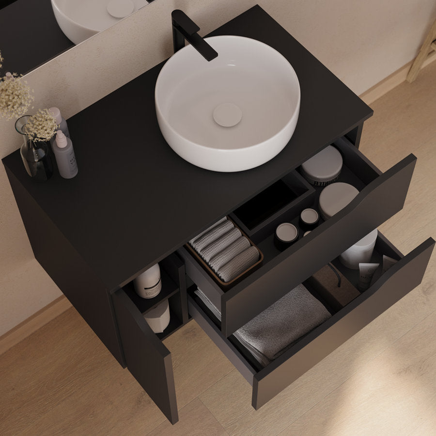 Meuble de salle de bain 80cm avec plateau, vasque à poser déportée à droite Ares et miroir - 2 tiroirs et un placard - ZARZA
