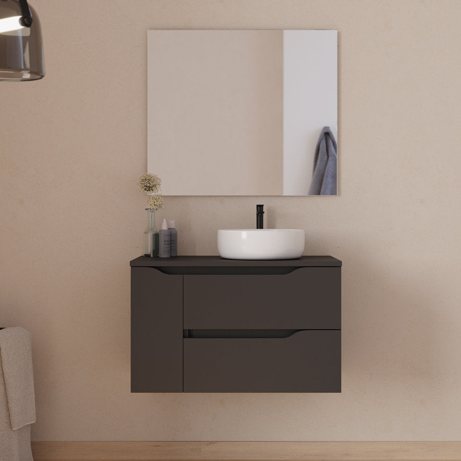 Meuble de salle de bain 80cm avec plateau et vasque à poser déportée à droite Ares - sans miroir - 2 tiroirs et un placard - ZARZA