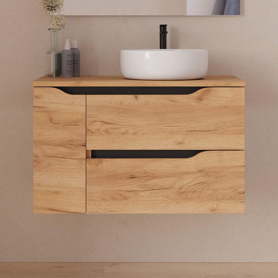 Meuble de salle de bain 80cm avec plateau et vasque à poser déportée à droite Ares - sans miroir - 2 tiroirs et un placard - ZARZA