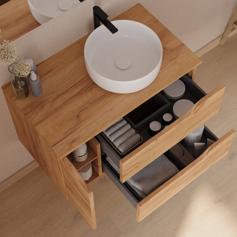 Meuble de salle de bain 80cm avec plateau et vasque à poser déportée à droite Ares - sans miroir - 2 tiroirs et un placard - ZARZA