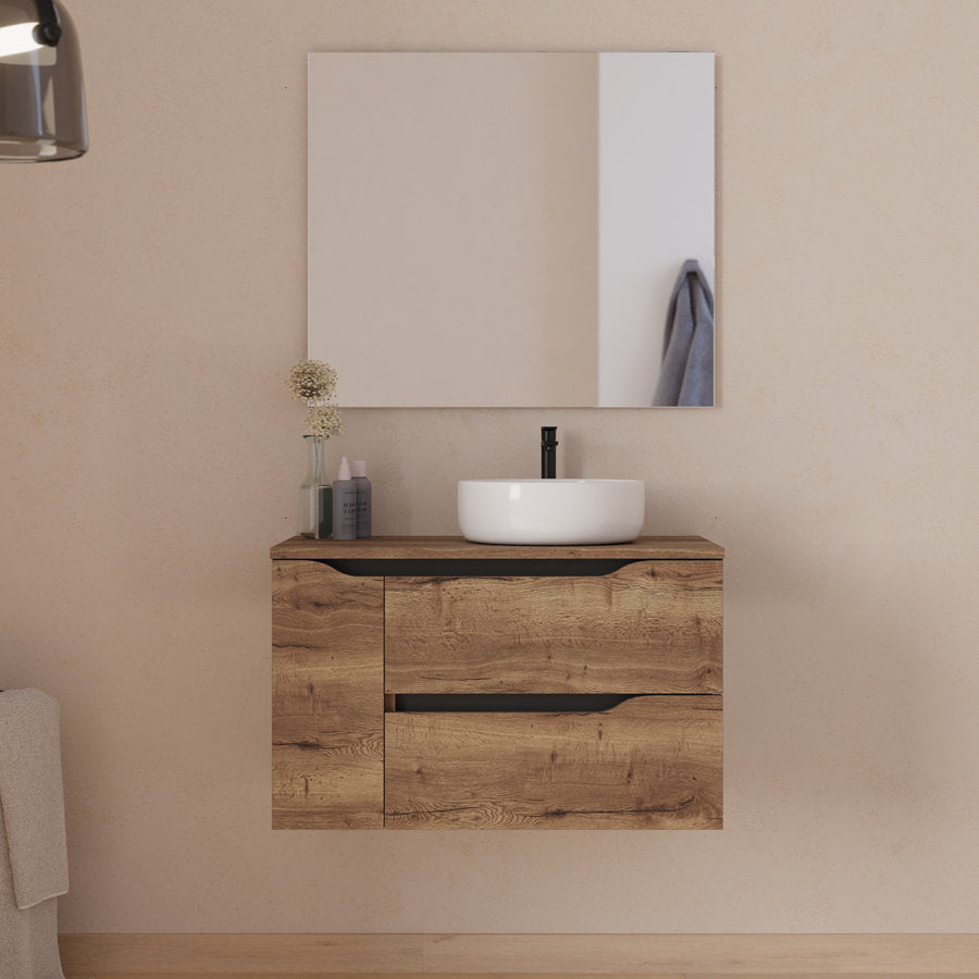 Meuble de salle de bain 80cm avec plateau, vasque à poser déportée à droite Ares et miroir - 2 tiroirs et un placard - ZARZA