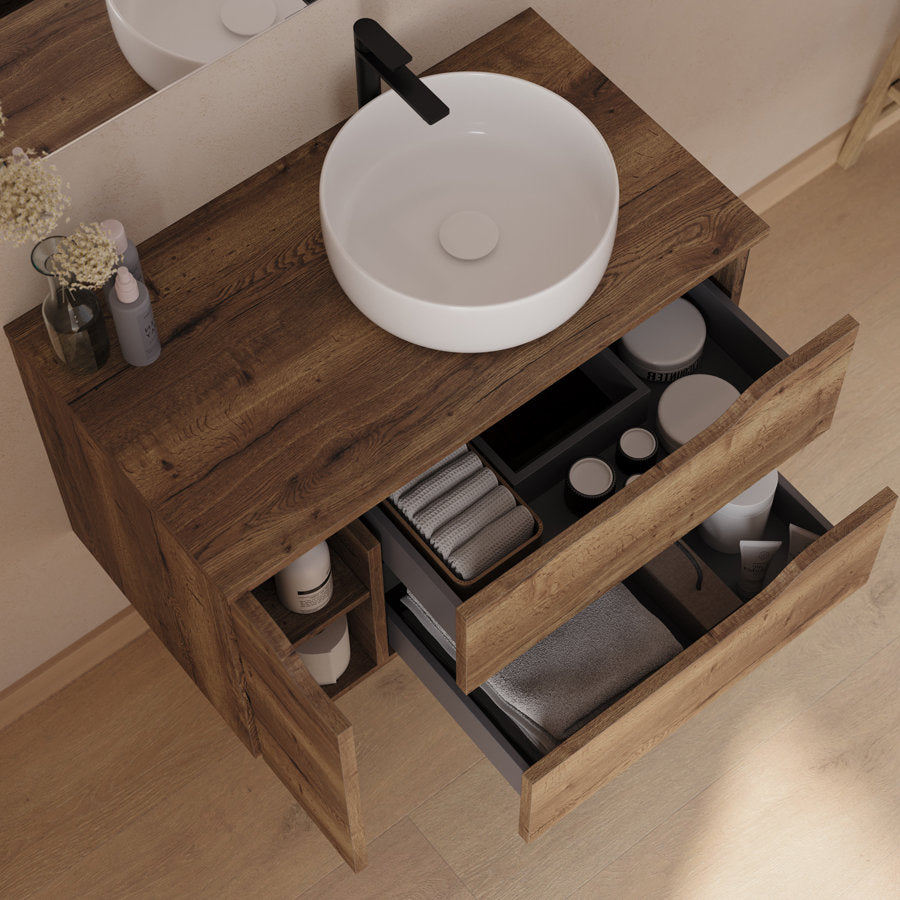 Meuble de salle de bain 80cm avec plateau, vasque à poser déportée à droite Ares et miroir - 2 tiroirs et un placard - ZARZA