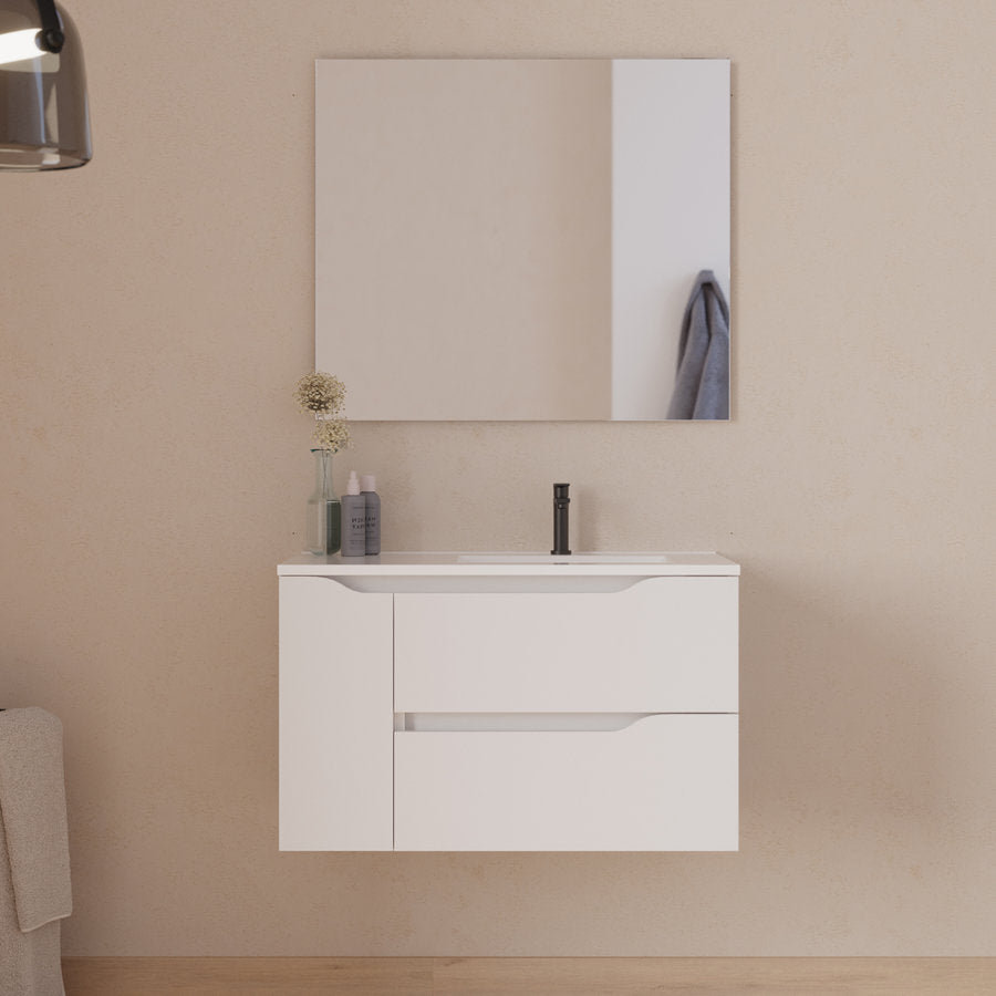 Meuble de salle de bain 80cm avec vasque déportée à droite et miroir - 2 tiroirs et un placard - ZARZA