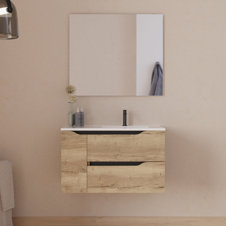 Meuble de salle de bain 80cm avec vasque déportée à droite et miroir - 2 tiroirs et un placard - ZARZA