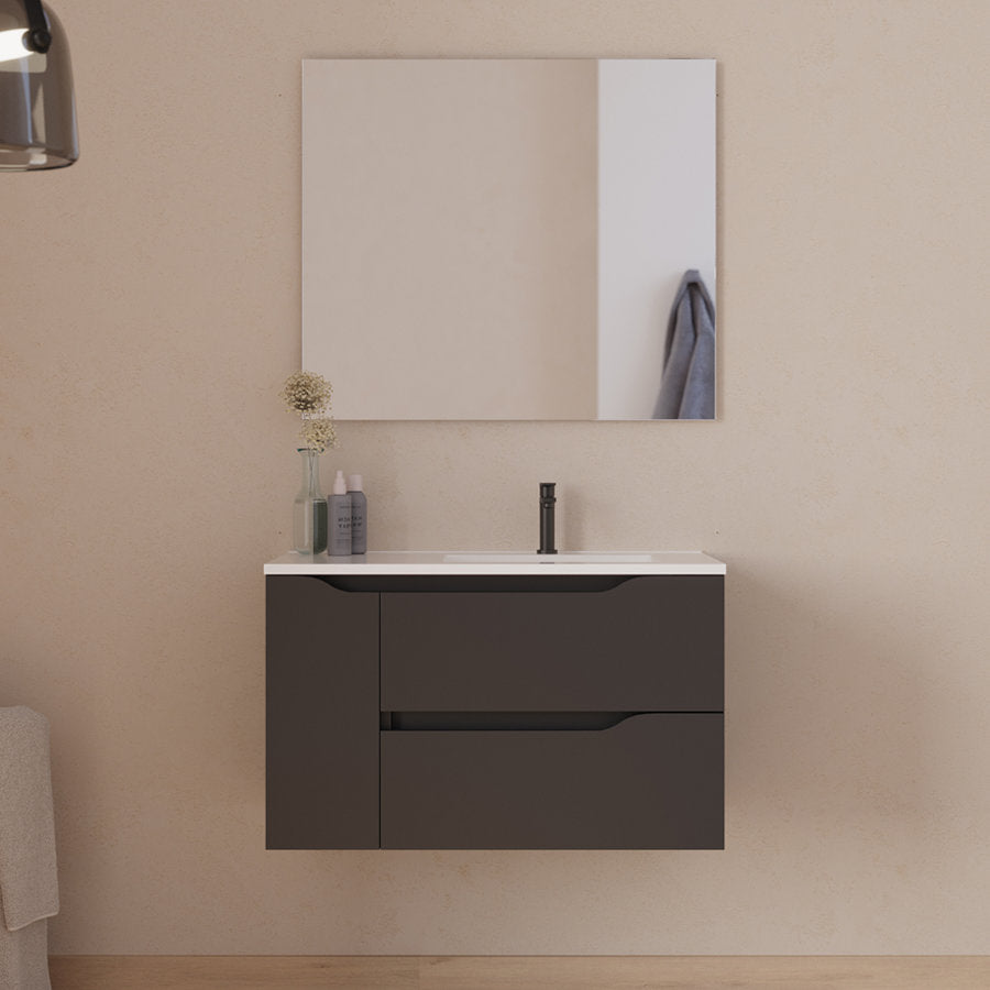 Meuble de salle de bain 80cm avec vasque déportée à droite et miroir - 2 tiroirs et un placard - ZARZA