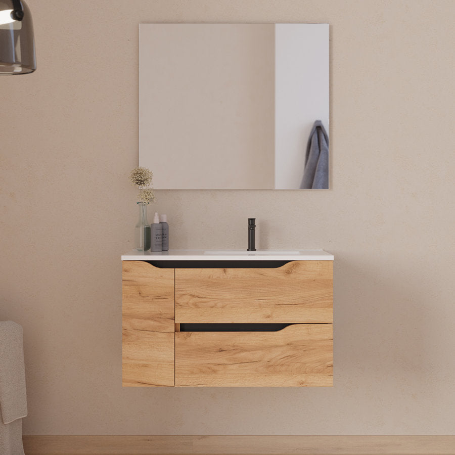 Meuble de salle de bain 80cm avec vasque déportée à droite et miroir - 2 tiroirs et un placard - ZARZA