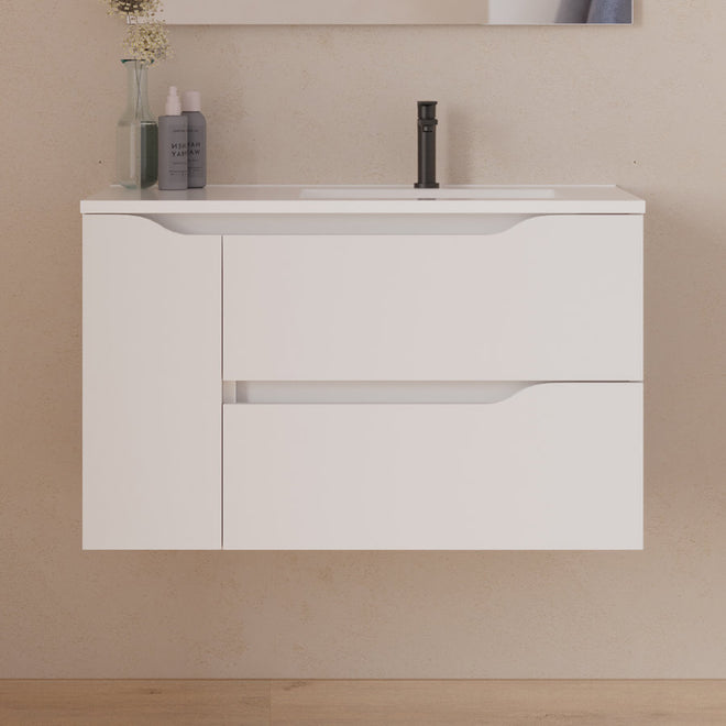 Meuble de salle de bain 80cm avec vasque déportée à droite - sans miroir - 2 tiroirs et un placard - ZARZA