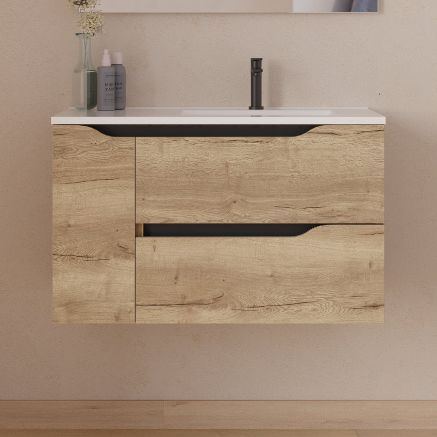 Meuble de salle de bain 80cm avec vasque déportée à droite et miroir - 2 tiroirs et un placard - ZARZA